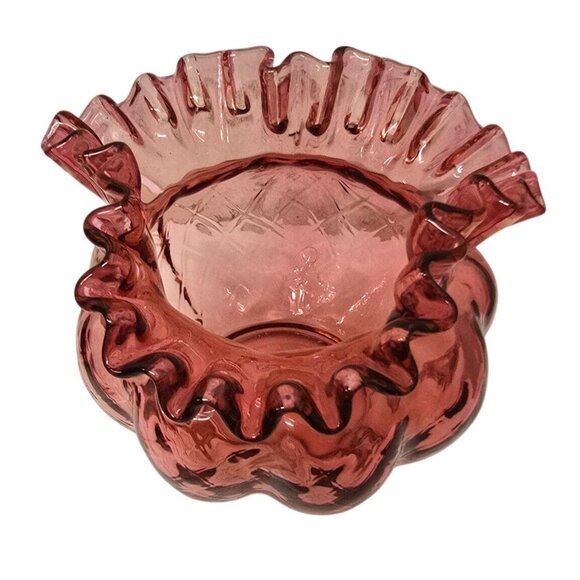 5" Fenton Cranberry Glass Vase Diamond Pattern Ruffled Edge - Picture 5 of 8